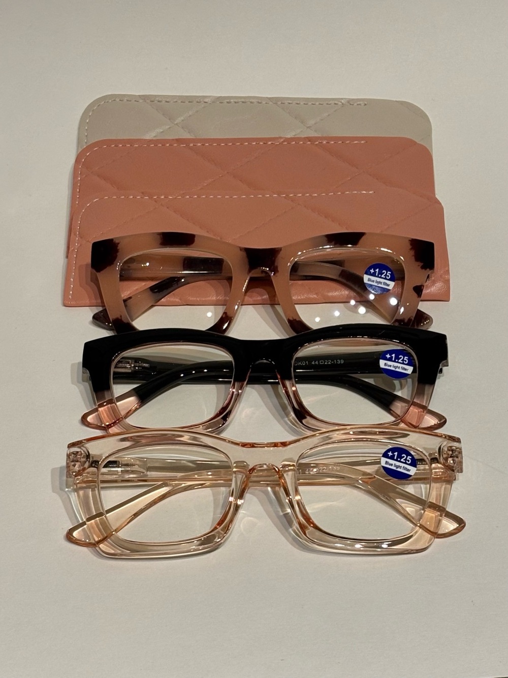 Set of 3 Rectangular Blue Light Blocking Women's Reading Glasses & Pouches +1.25